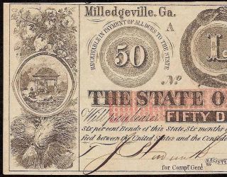 1863 $50 Dollar Bill Milledgeville State Of Georgia Obsolete Currency Note Au - Cu photo