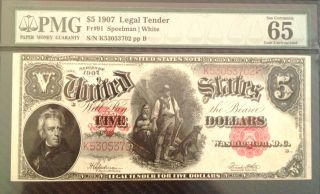 1907 $5 Woodchopper.  Pmg Gem Uncirculated - 65 Exceptional Paper Quality photo