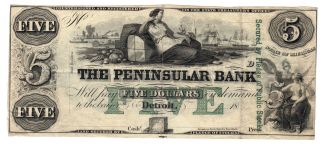 $5 Dollar Peninsular Bank Mi Vintage Detroit Michigan Obsolete Usa Currency Note photo