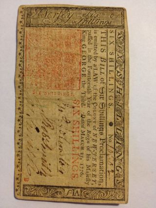 1776 Jersey Colonial Note. . . . . . . .  6 Shillings photo