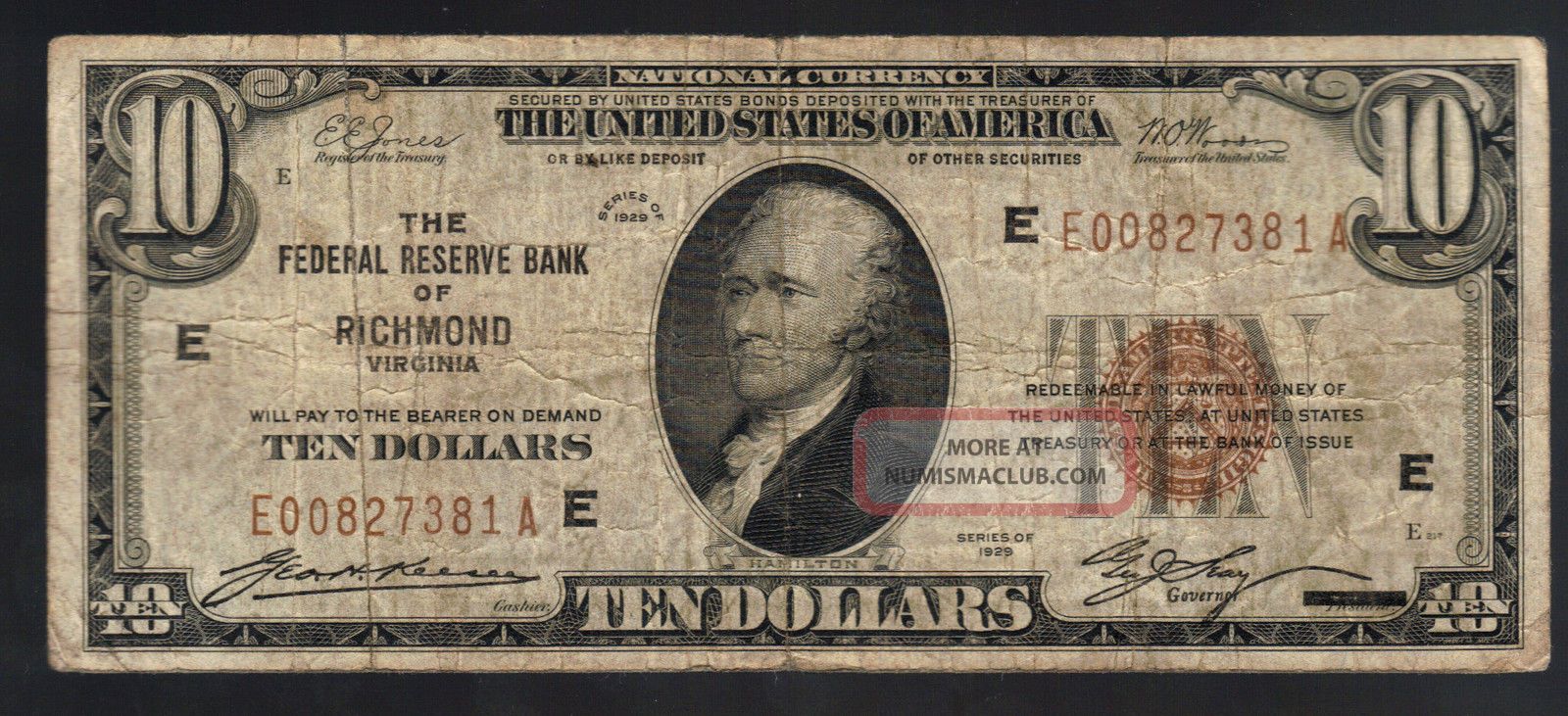 $10 1929 National Richmond Va Brown Seal Hamilton Usa Federal Reserve Bank Note Small Size Notes photo
