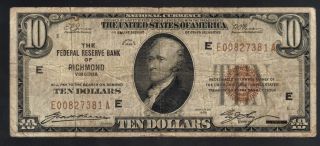 $10 1929 National Richmond Va Brown Seal Hamilton Usa Federal Reserve Bank Note photo