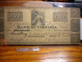 $5 Bank Of Virginia,  Richmond - July 3,  1858 - Serial 5838 Obsolete Note photo