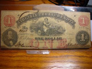 $1 Virginia Treasury Note,  Richmond - July 21,  1862 - Serial 8571 photo