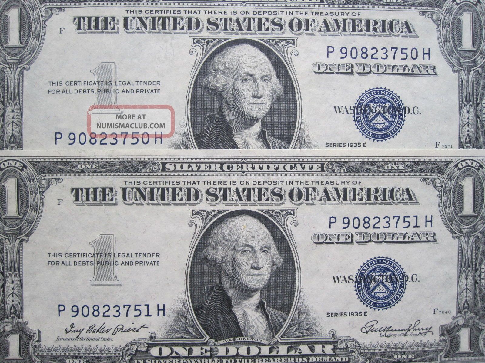 1935e $1 Uncirculated Consecutive One Dollar Silver Certificate P H