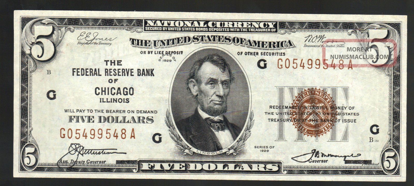 $5 Gem Cu 1929 National Chicago Illinois Old Usa Federal Reserve Bank Note Bill Small Size Notes photo