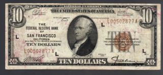 $10 1929 National Scarce San Francisco Ca Brown Seal Federal Reserve Bank Note photo