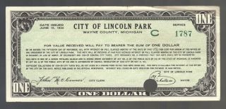 $1 Dollar Lincoln Park 1934 Wayne County Michigan Old Depression Scrip Bill Note photo