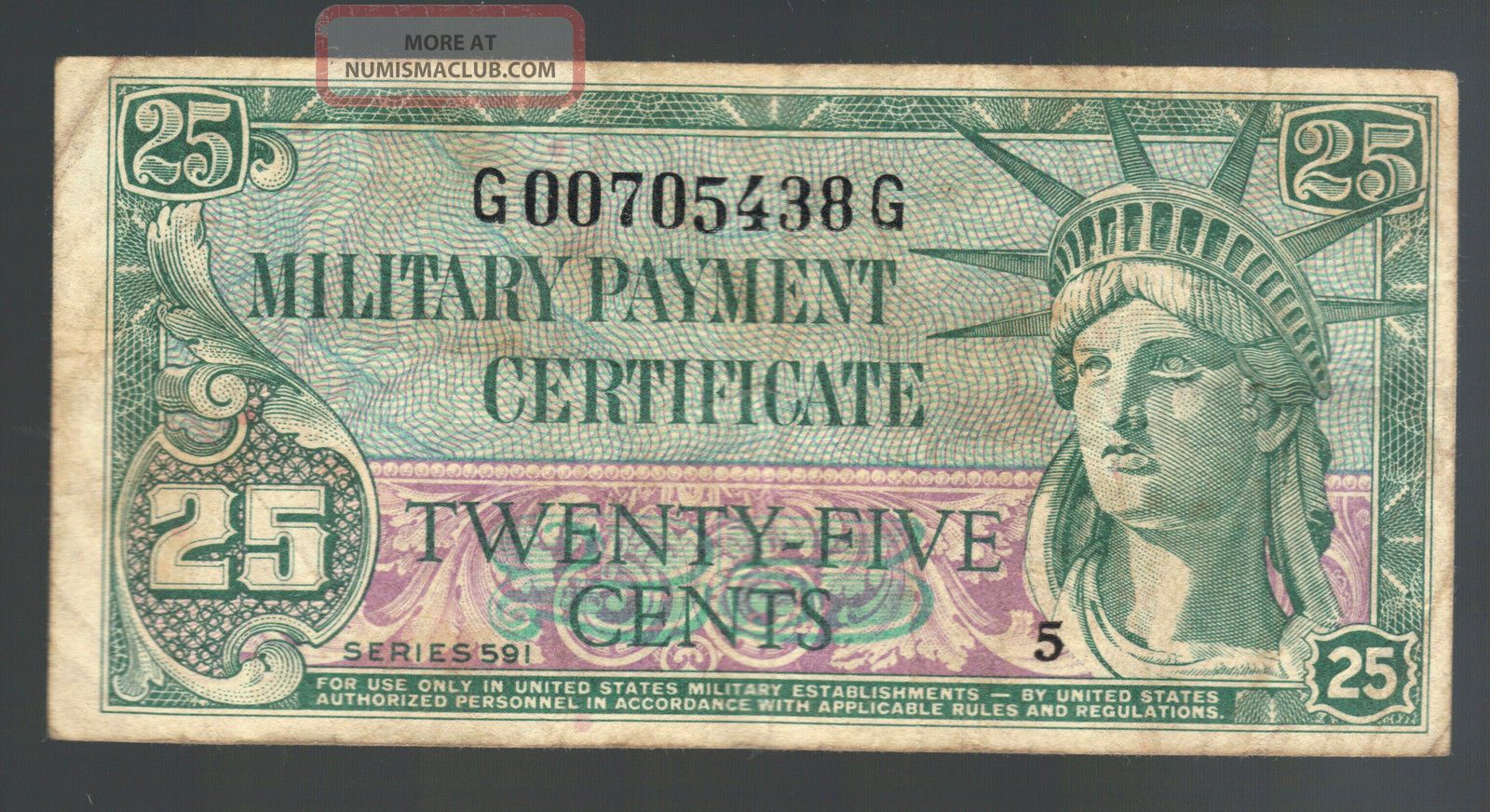 25¢ Us Military Payment Certificate Korean War Mpc 591 M45 Cypress