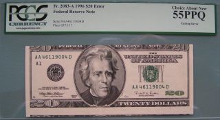 1996 $20 Bill W/ Cutting /faulty Alignment Error Pcgs 55 Ppq Choice About photo