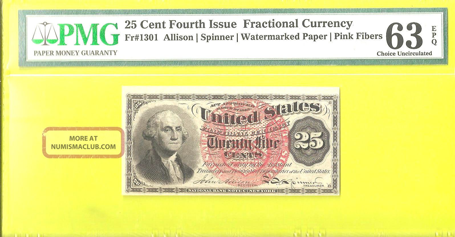 Us 25c Fractional Currency Note 4th Issue Fr 1301 Pmg 63 Paper Money: US photo