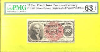 Us 25c Fractional Currency Note 4th Issue Fr 1301 Pmg 63 photo
