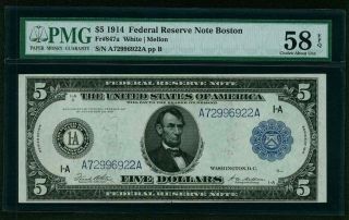 U.  S 1914 $5 Federal Reserve Banknote Fr847a Pmg Certified Choice About Unc - 58epq photo