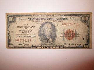 1929 Series $100 Federal Reserve Bank Minneapolis Minnesota Currency Note photo