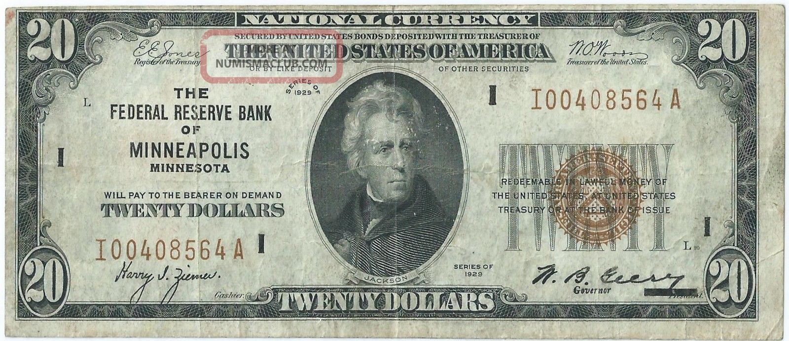1929 $20 Federal Reserve Bank Note - Fr 1870 - I - Mn - Vf - Jones Woods - Usa Ship Small Size Notes photo