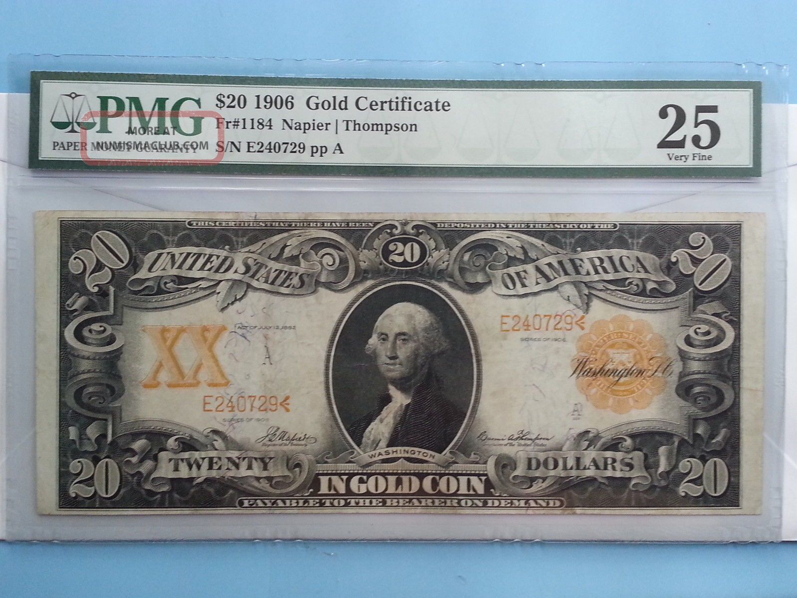 Fr 1184 Series 1906 $20 Gold Certificate Napier - Thompson Signature Pmg 25 Large Size Notes photo