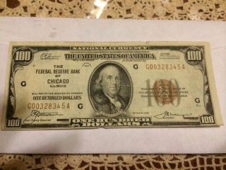 1929 $100 One Hundred Dollar Federal Res.  Bank Of Chicago National Currency Note photo