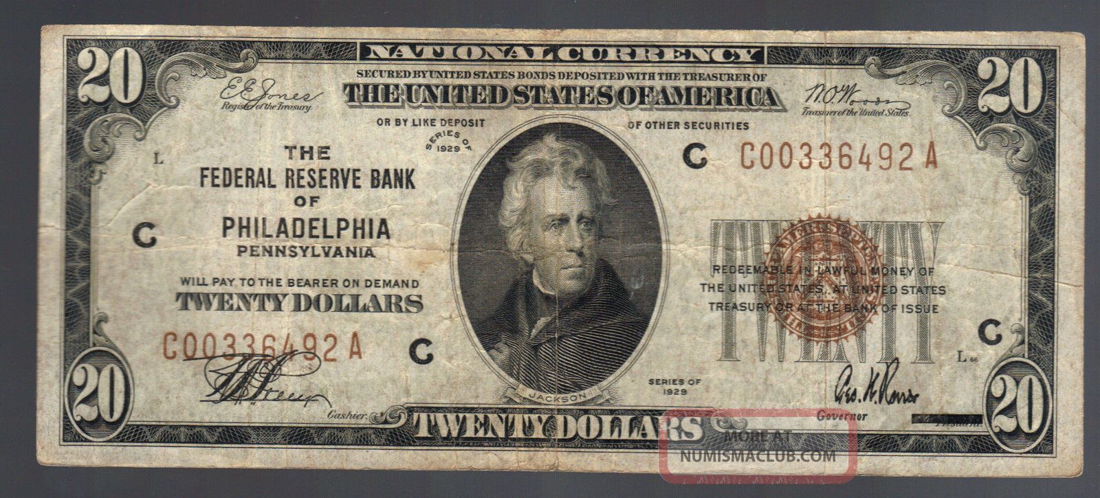 $20 1929 National Philadelphia Pa Brown Seal Jackson Old Us Paper Money Currency Small Size Notes photo