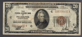 $20 1929 National Philadelphia Pa Brown Seal Jackson Old Us Paper Money Currency photo