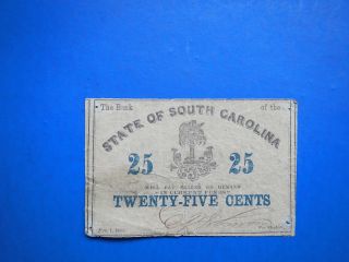 Civil War Confederate 1863 25 Cents Note South Carolina Paper Money Antique 1 Sc photo
