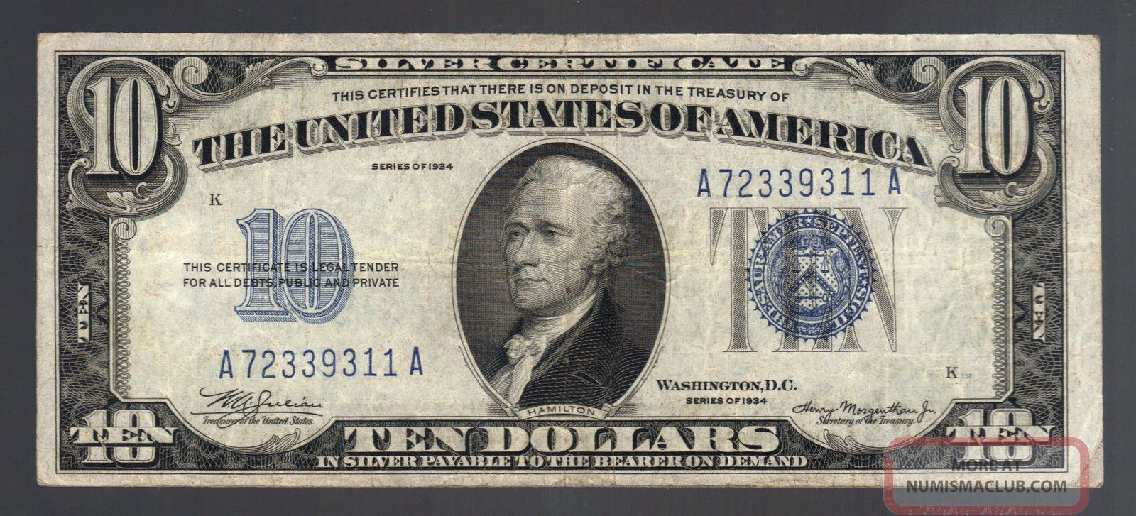 $10 1934 Silver Certificate Large Blue Seal Old Usa Paper Money Antique