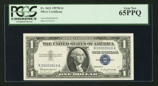 Low Serial Number R00000918a - $1 1957b Silver Certificate.  Pcgs Gem 65ppq photo