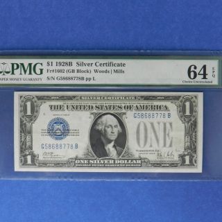 $1 1928 B Silver Certificate Fr 1602 Gb Block Woods/mills Pmg 64 Epq Funny Back photo