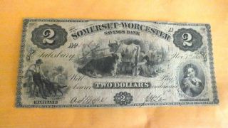 Rare Somerset And Worcester Savings Bank Plain Two Dollar photo