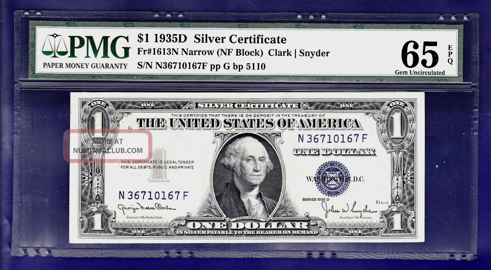 1935 D $1 Silver Certificate Narrow Cu Unc Pmg Gem 65