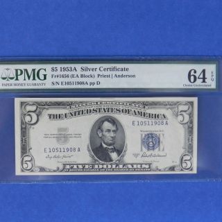 $5 1953 A Silver Certificate Pmg 64 Epq Fr 1656 Ea Block Priest/anderson photo