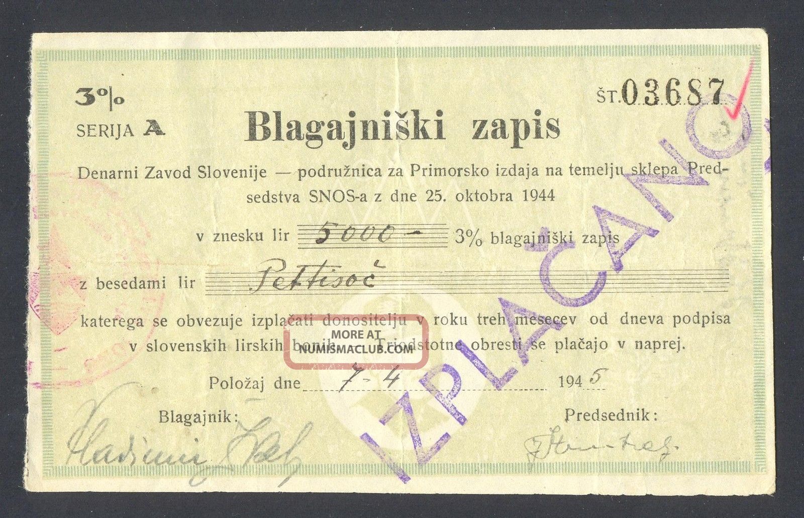 Yugoslavia / Slovenia 5000 Lire 1944 Vf/xf Wwii - Liberation Front Partisans Europe photo