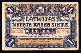Latvia 1 Rublis 1919 Blue Series A Vf photo