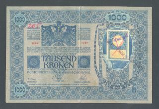 Yugoslavia 1000 Kronen Nd (1919 - Od 1902) Xf/au P10b (slovenian Text Stamp) photo