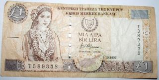 One 1 Pound Bir Lira Cyprus No 389338 Note Banknote 1997 photo