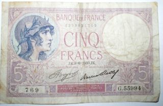 France Note Banknote 5 Cinq Francs 1933 Vf photo