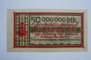 1923 50 Million Mark Note From Rendsburg,  Germany, photo