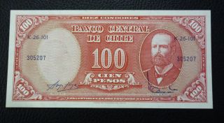 Chile Banknote 100 Pesos,  Pick 127 Unc 1960 - 1961 photo