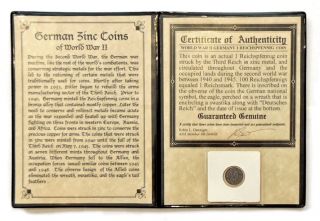 Nazi Germany World War Ii Zinc Coin Swastika - 1 Reichspfennig W/ Certificate photo