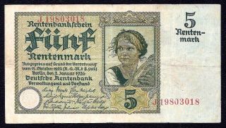 Germany 5 Rentenmark 1926 P - 169 (8 Digit Serial) Avf photo