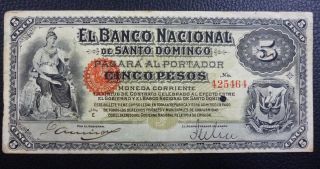 Dominican Republic Banknote 5 Pesos Pick S133 Vf - 1889 - Banco Nacional photo