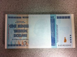 5 X $100 Trillion Zimbabwe Dollar Money Currency Unc 2008 P - 91 photo