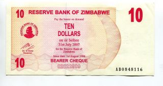 Zimbabwe 10 Dollars 2006 Au/xf African Paper Money Watermark:zimbabwean Bird photo