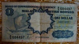 Malaya And British Borneo One Dollar Note,  1st March 1959 (f) + Postage photo