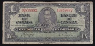1937 Bank Of Canada $1 Bank Note,  K/n6859992 Coyne - Towers photo