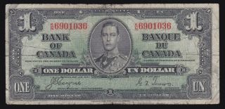 1937 Bank Of Canada $1 Bank Note,  K/n6901036 Coyne - Towers photo
