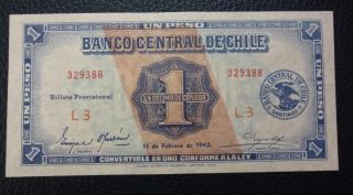 Chile Banknote 1 Peso (1/10 Condor) Pick 89 Unc 1942 photo