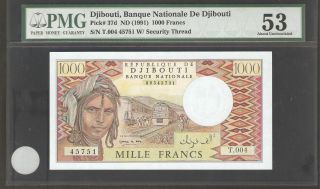 1991 Djibouti 1000 Francs Pmg 53 Epq Pick 37d S/n T.  004 45751 photo