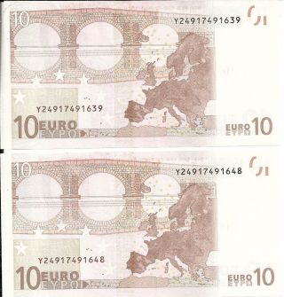 10 Euro Note X 2 Greece [y] Draghi,  Unc Consecutive Numbers,  Code [n037g2]. photo