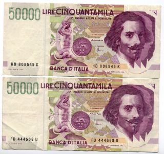Italy 2 X 50.  000 Lire Cinquantamila Banknote 1992 Fine+ photo