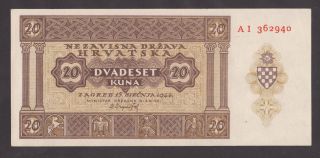 Croatia 20 Kuna 1944 Unc P9a World War Ii - Ustasa - Ndh Very Rare Banknote photo